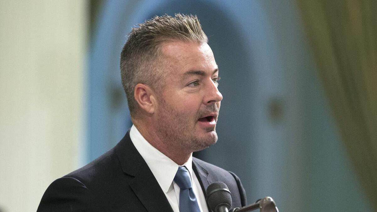 State Assemblyman Travis Allen (R-Huntington Beach) addresses the Assembly in 2017. Allen will hold a “Take Back California Grassroots Training Workshop” in Costa Mesa on Thursday evening.