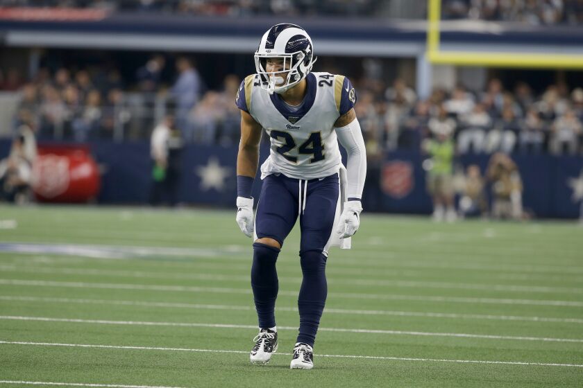 Los Angeles Rams safety Taylor Rapp (24) defends against the Dallas Cowboys during the their NFL football game in Dallas, Sunday, Dec 15, 2019. (AP Photo/Michael Ainsworth)
