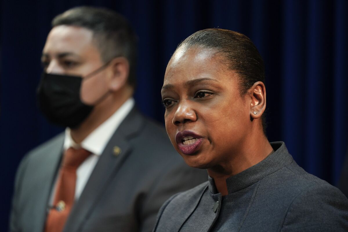 Police Commissioner Keechant Sewell speaks during a news conference after a gang bust in the Brooklyn borough of New York, Tuesday, Jan. 4, 2022. Sewell spent her entire policing career in suburban Long Island before recently becoming New York City's first police commissioner from outside the department in over two decades. (AP Photo/Seth Wenig)