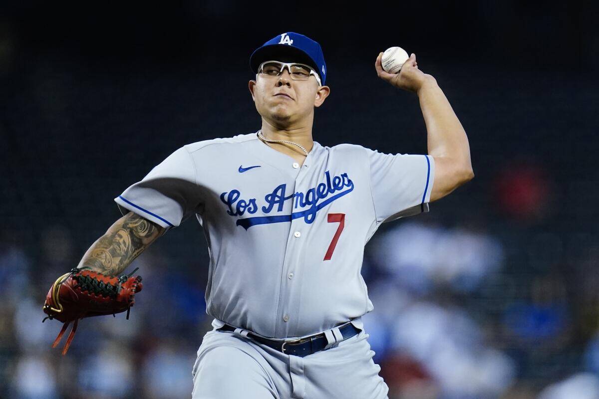 Los Angeles Dodgers starting pitcher Julio Urias throws a  
