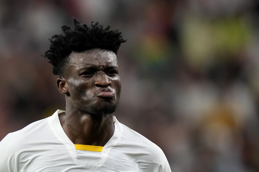 Ghana's Mohammed Kudus celebrates after scoring his side's third goal during the World Cup group H soccer match between South Korea and Ghana, at the Education City Stadium in Al Rayyan , Qatar, Monday, Nov. 28, 2022. (AP Photo/Luca Bruno)