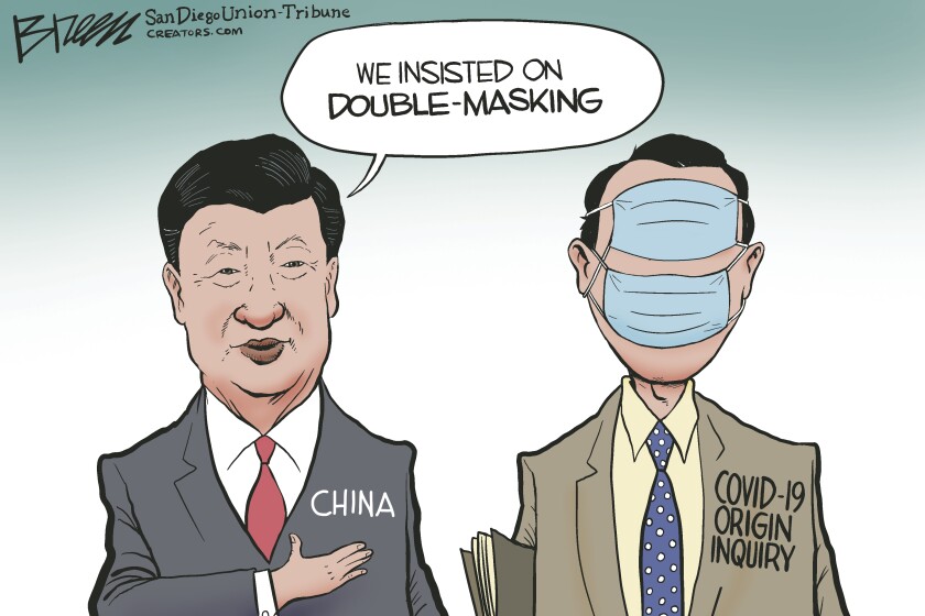 China covers the eyes and mouth of a virus origin investigator with masks in this Breen cartoon
