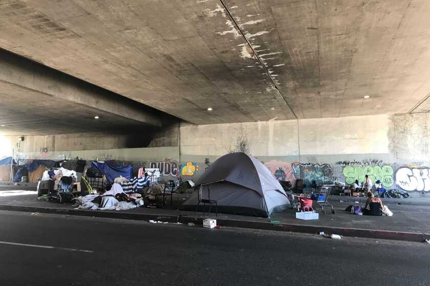A homeless encampment on Gower Street in Hollywood where a woman alleges she was struck by a vehicle.