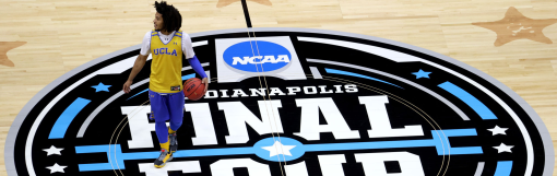 INDIANAPOLIS, INDIANA - APRIL 02: Tyger Campbell #10 of the UCLA Bruins practices ahead of the Final Four.