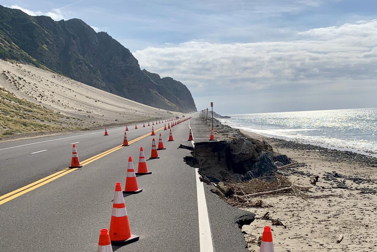 A portion of Pacific Coast Highway washed away by recent storms.