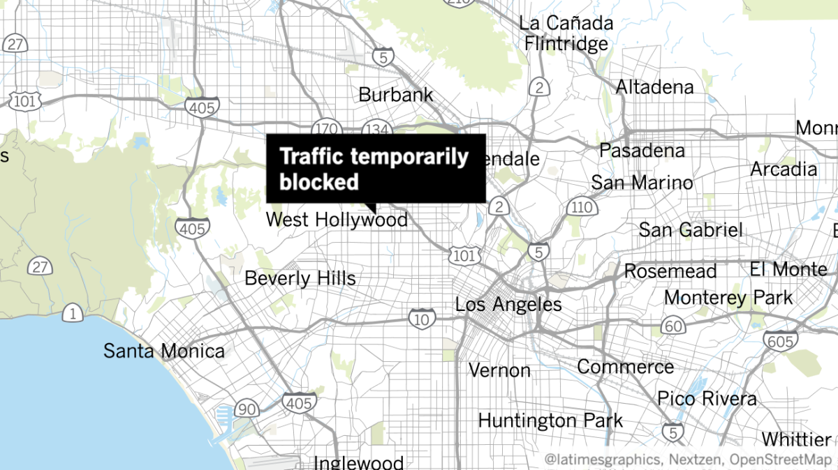 Map with label reading Traffic temporarily blocked pointing to Hollywood area