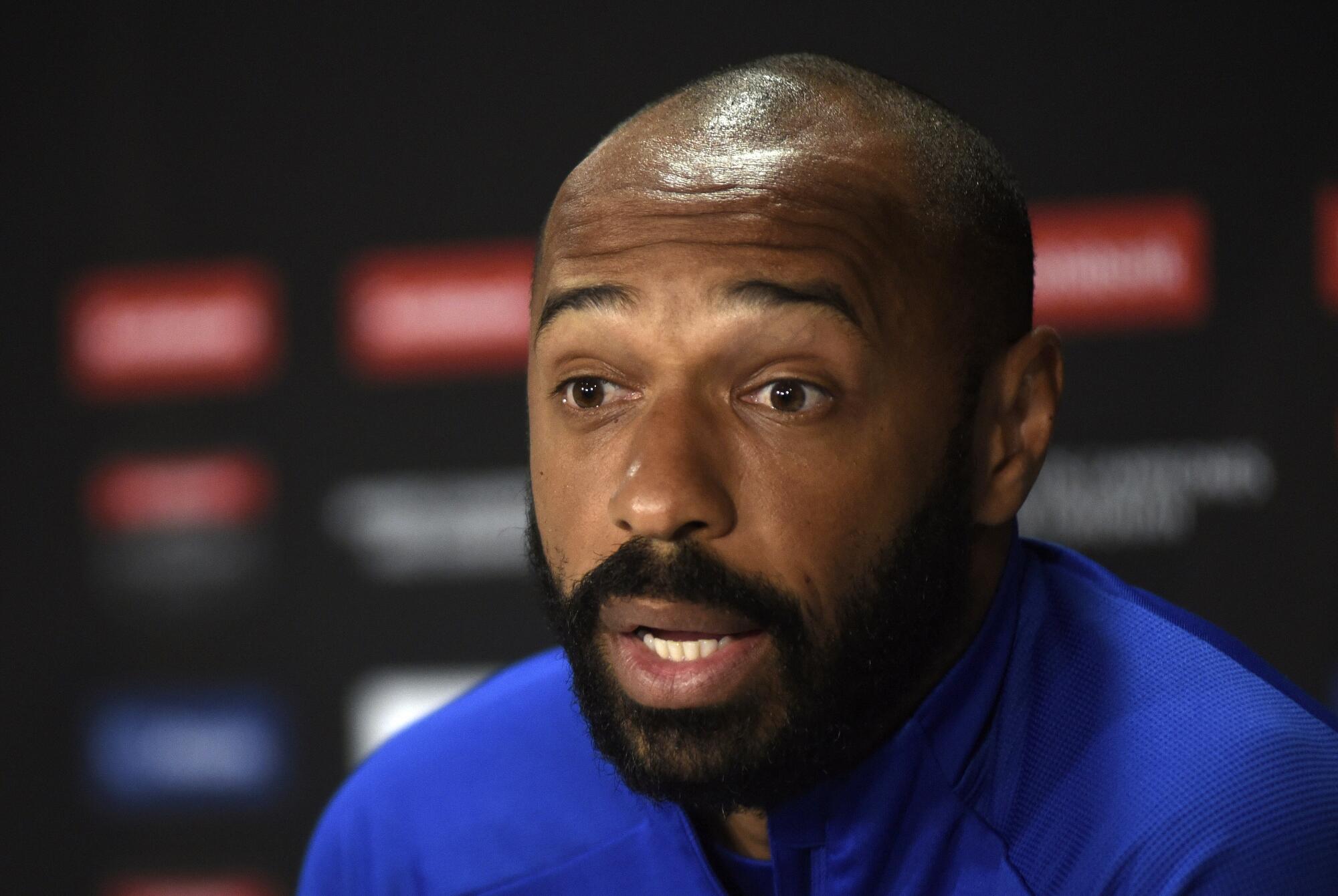Thierry Henry speaks during a 2020 press conference