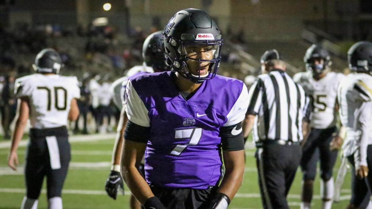 Rancho Cucamonga quarterback CJ Stroud celebrates after scoring a touchdown against Calabasas on Aug. 29.