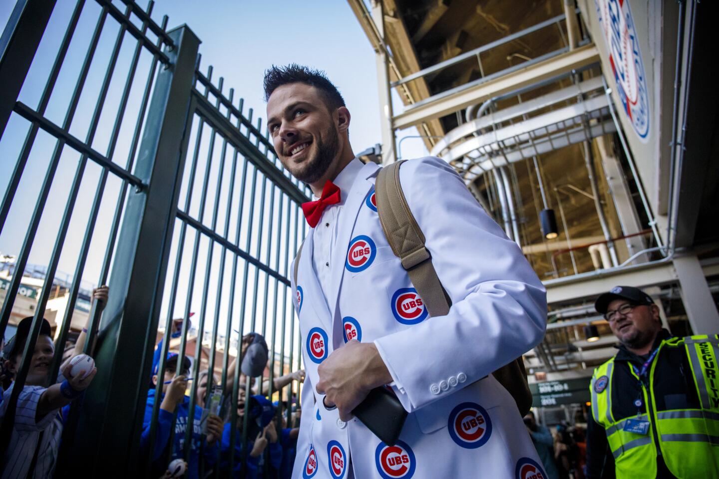 Cubs third baseman Kris Bryant departs for the team's Anchorman-themed road trip Thursday, May 25, 2017, at Wrigley Field.