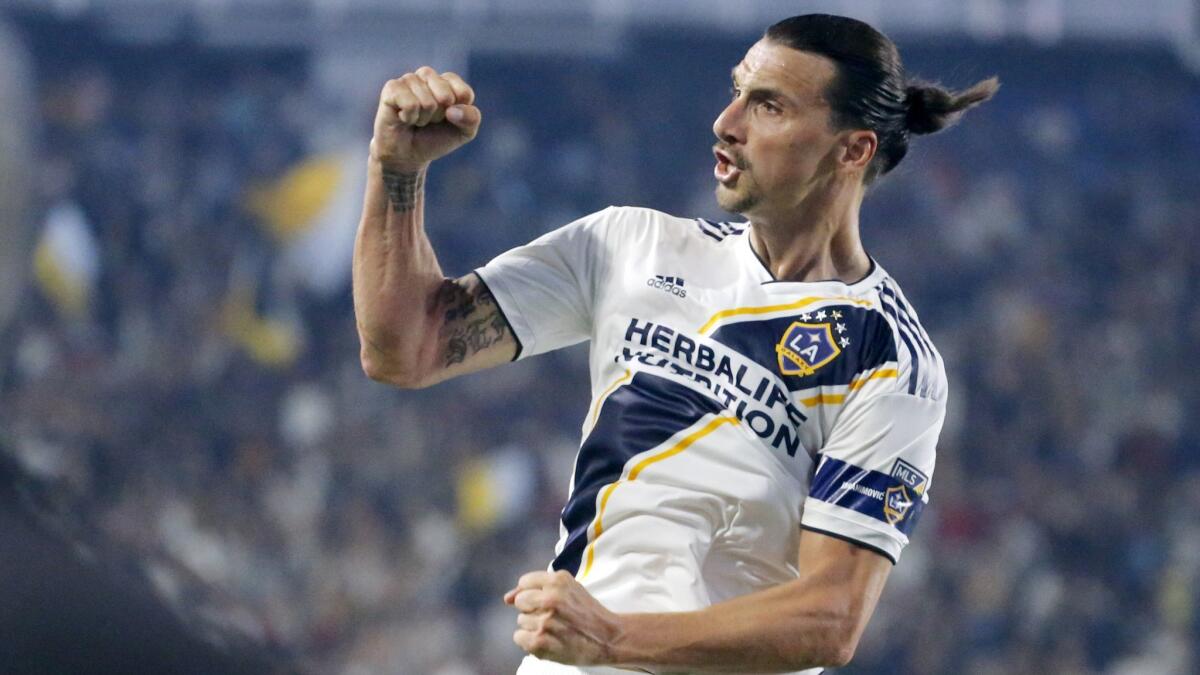 Galaxy forward Zlatan Ibrahimovic celebrates after scoring in the second half of a 2-0 victory over Toronto FC on Thursday.