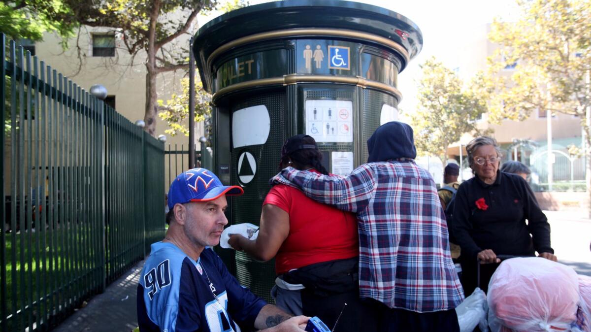 L.A. Councilman Mike Bonin asked the city to install more portable toilets on skid row, where only nine toilets are available overnight for 2,000 homeless people.
