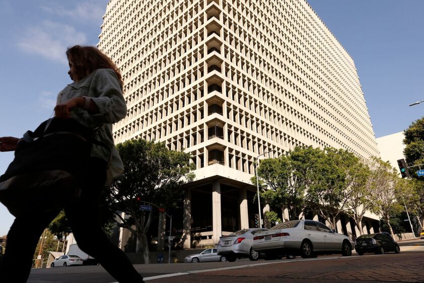 LOS ANGELES, CA - MAY 18, 2017 --The Clara Shortridge Foltz Criminal Justice Center is the county courthouse located at 210 West Temple Street, between Broadway and Spring in downtown Los Angeles on May 18, 2017. Californiaâs court leaders expressed alarm Wednesday over a new study that showed more than 100 courthouses in the state â including many in Los Angeles County â could collapse and cause âsubstantialâ loss of life in a major earthquake. Courthouses near the top of the list of buildings in peril include the Stanley Mosk Courthouse and Clara Shortridge Foltz Criminal Justice Center, the Pasadena municipal courthouse, and courthouses in Beverly Hills and Burbank. (Al Seib / Los Angeles Times)