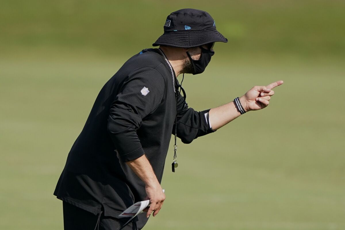 Carolina Panthers head coach Matt Rhule gestures during an NFL football camp practice Monday, Aug. 17, 2020, in Charlotte, N.C. (AP Photo/Chris Carlson)