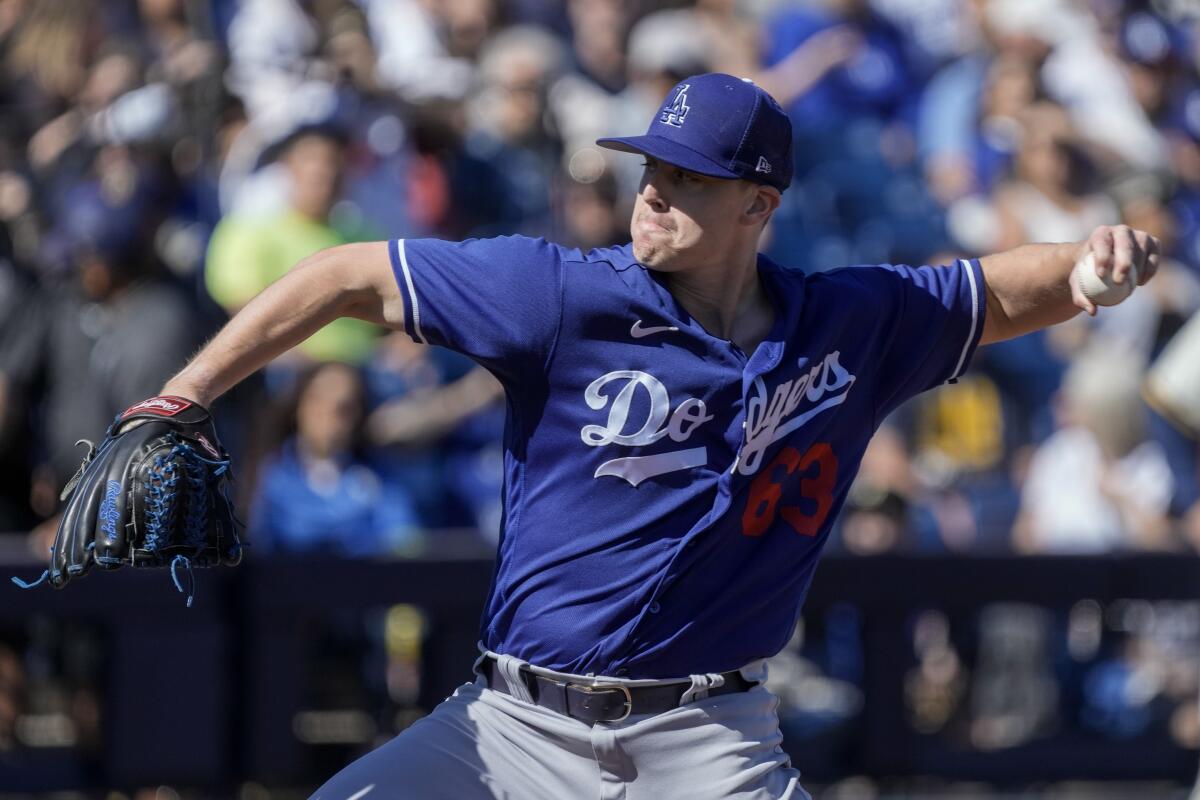 Los Angeles Dodgers' Justin Bruihl throws during the third inning of a spring training.