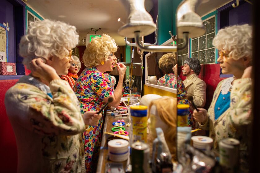 LOS ANGELES, CA - JANUARY 15: The cast of Golden Girlz Live drag show have their final looks backstage before the curtain raises on their show starring Jackie Beat (She/Her) as Dorothy Zbornak, Sherry Vine (She/Her) as Blanche Devereaux, Drew Droege (He/Him) as Rose Nylund, Sam Pancake (He/Him) as Sophia Petrillo, and special guest Ben DeLaCreme (He/Him) on Saturday, Jan. 15, 2022 in Los Angeles, CA. (Jason Armond / Los Angeles Times)