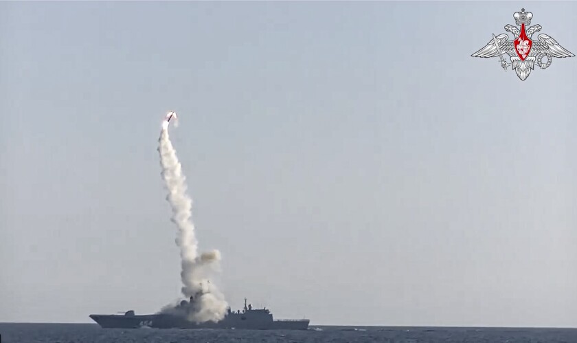 In this photo taken from video distributed by Russian Defense Ministry Press Service, a new Zircon hypersonic cruise missile is launched by the frigate Admiral Gorshkov of the Russian navy from the White Sea, in the north of Russia, Russia, Monday, July 19, 2021. The Russian military has reported another successful test launch of a new Zircon hypersonic cruise missile. Russia's Defense Ministry said the launch took place on Monday from an Admiral Groshkov frigate located in the White Sea, in the north of Russia. The ministry said the missile successfully hit a target more than 350 kilometers (217 miles) away on the coast of the Barents Sea. (Russian Defense Ministry Press Service via AP)