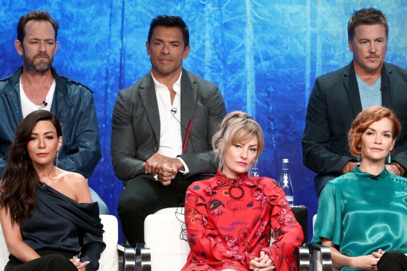BEVERLY HILLS, CA - AUGUST 06: (Top L-R) Luke Perry, Mark Consuelos, Lochlyn Munro (Bottom L-R) Marisol Nichols, Mädchen Amick, and Nathalie Boltt from "Riverdale" speak onstage at the CW Network portion of the Summer 2018 TCA Press Tour at The Beverly Hilton Hotel on August 6, 2018 in Beverly Hills, California. (Photo by Frederick M. Brown/Getty Images) ** OUTS - ELSENT, FPG, CM - OUTS * NM, PH, VA if sourced by CT, LA or MoD **