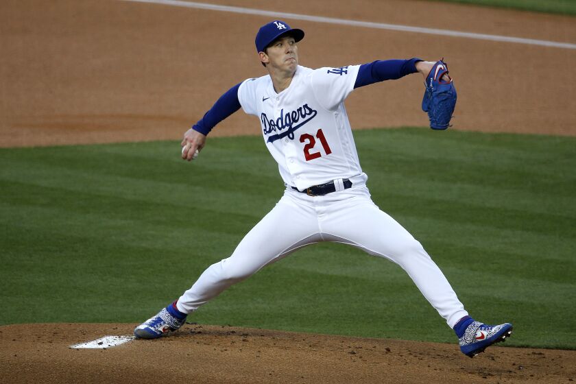 LOS ANGELES, CA - MAY 17: Los Angeles Dodgers starting pitcher Walker Buehler (21) delivers a pitch in the first inning against the Arizona Diamondbacks at Dodger Stadium on Monday, May 17, 2021 in Los Angeles, CA. (Gary Coronado / Los Angeles Times)
