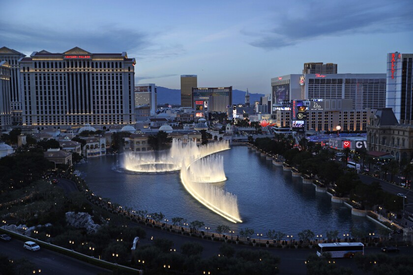 The fountains of Bellagio erupt along the Las Vegas Strip in Las Vegas. 