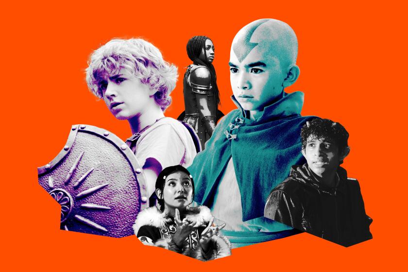 A collage of various kids in elaborate costumes striking heroic poses against an orange background