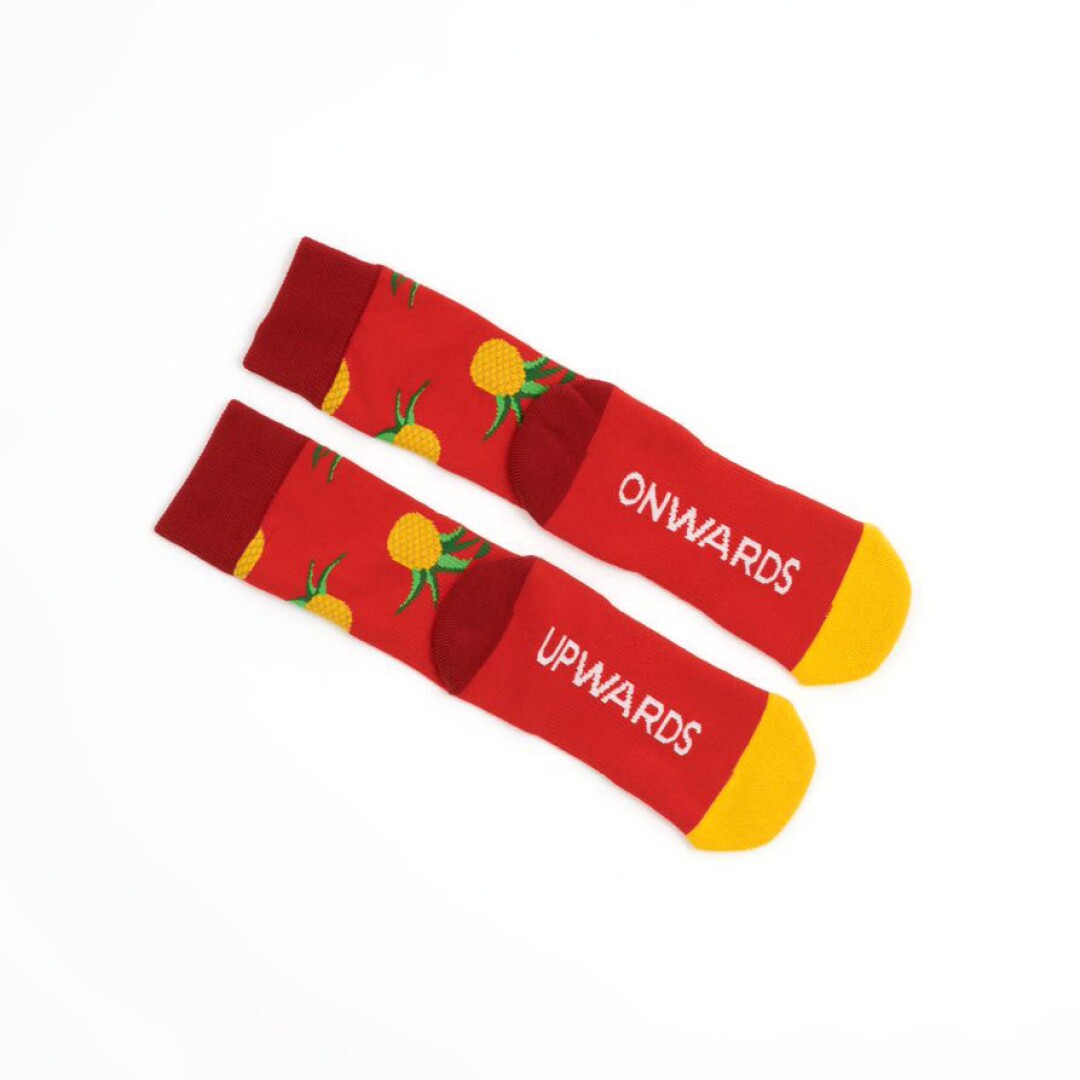 A colorful pair of socks with pineapples and the words "onwards" and "upwards."