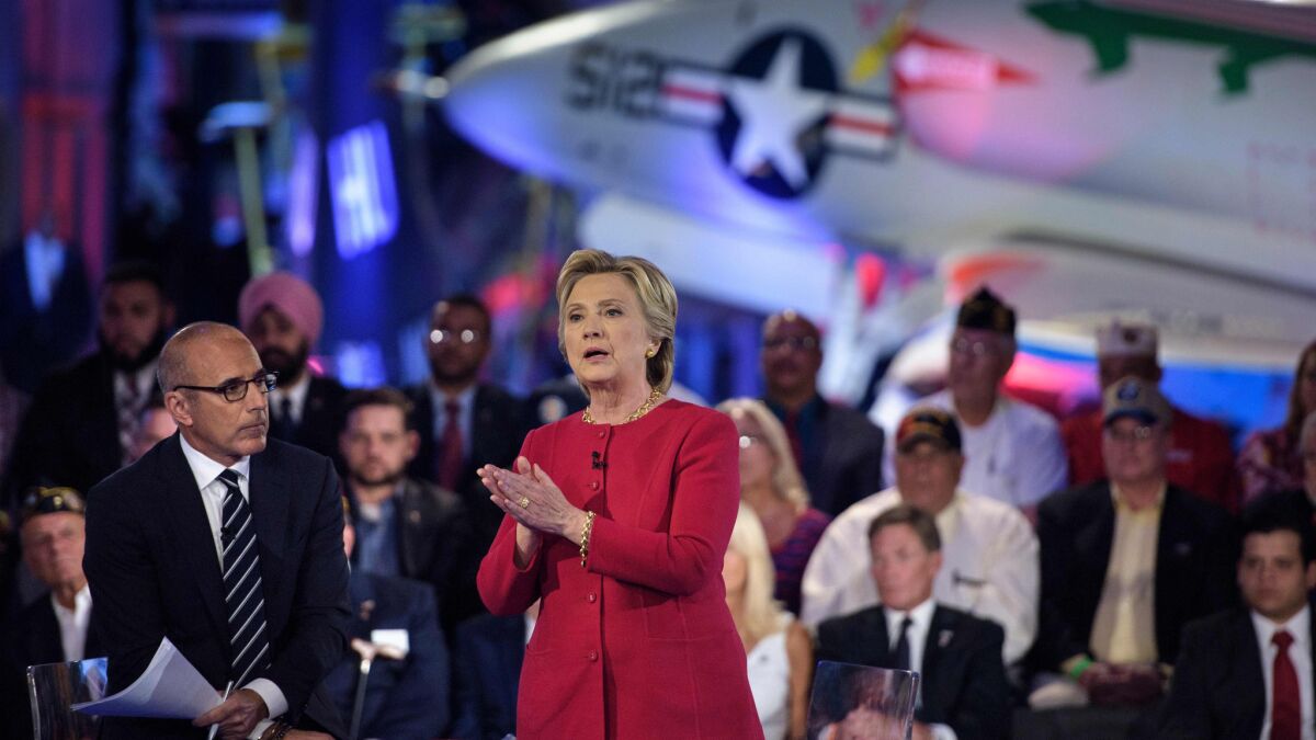 Hillary Clinton speaks during a military issues forum Wednesday in New York.