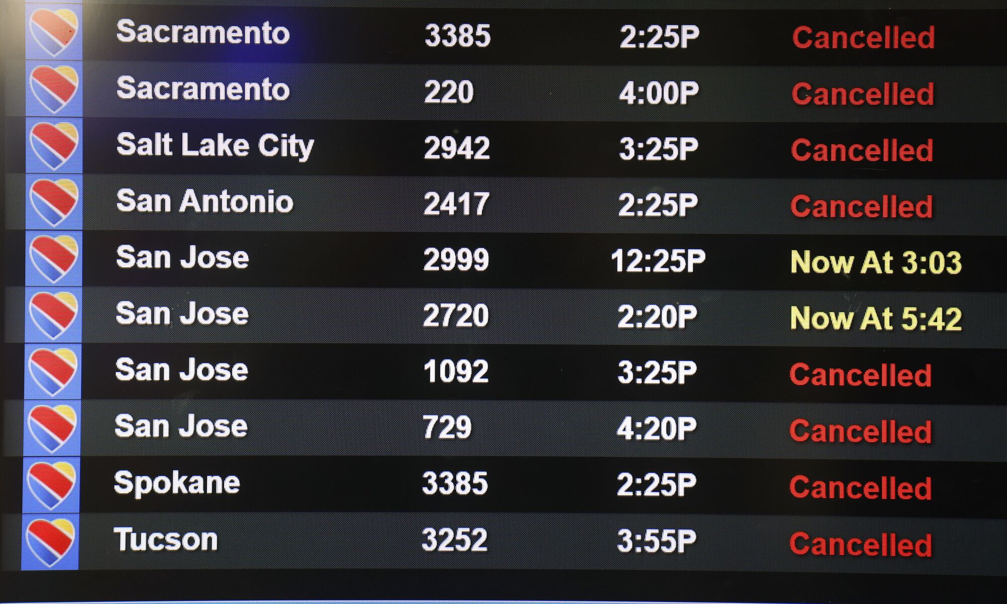 Thousands of Southwest Airlines flights were canceled throughout the country as seen on a board at the San Diego airport.