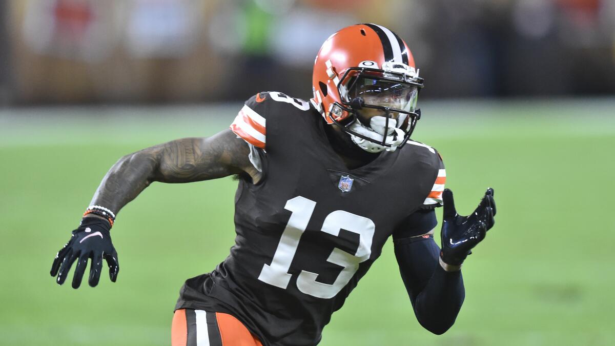 Browns receiver Odell Beckham Jr. runs a route during a game against the Denver Broncos
