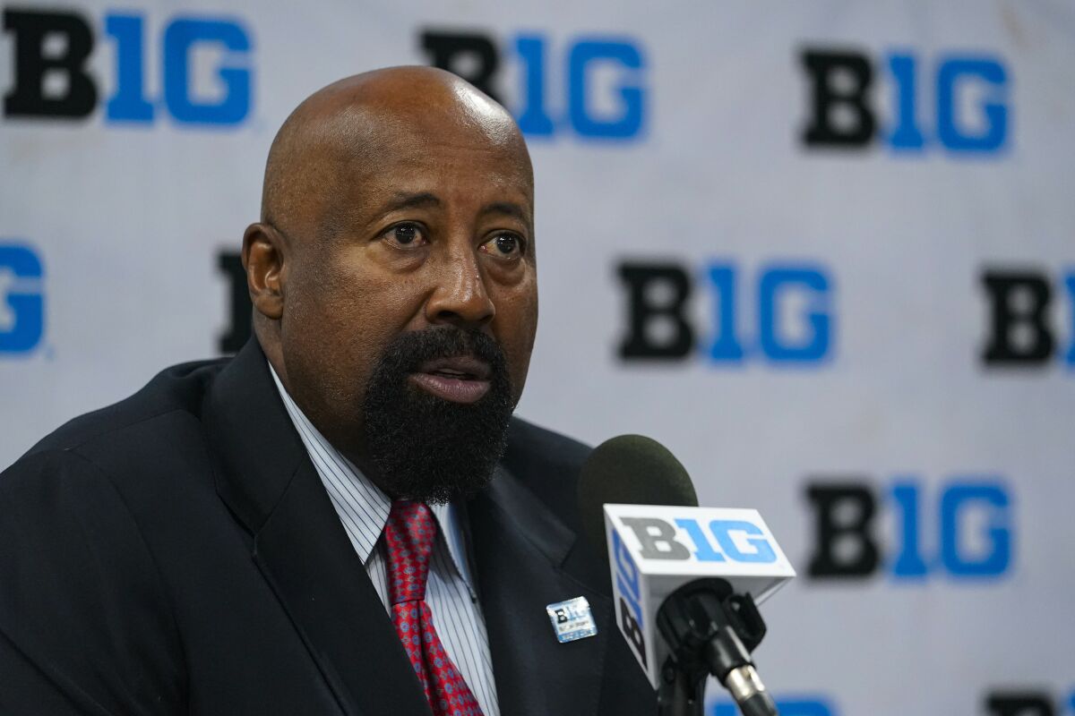 Indiana men's head coach Mike Woodson speaks during the Big Ten NCAA college basketball media days in Indianapolis, Friday, Oct. 8, 2021. (AP Photo/Michael Conroy)