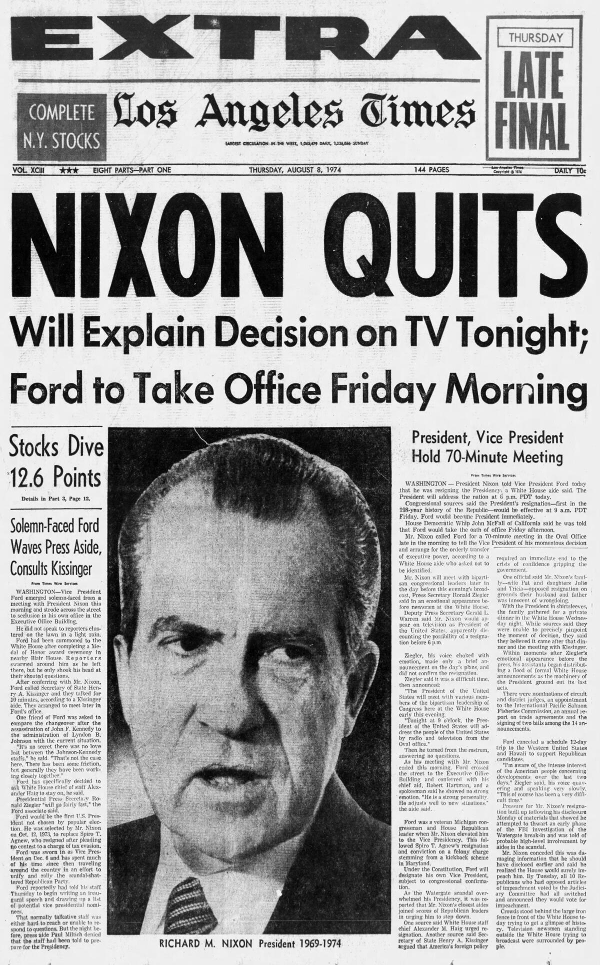 Los Angeles Times cover from Aug. 8, 1974, detailing President Nixon's resignation.