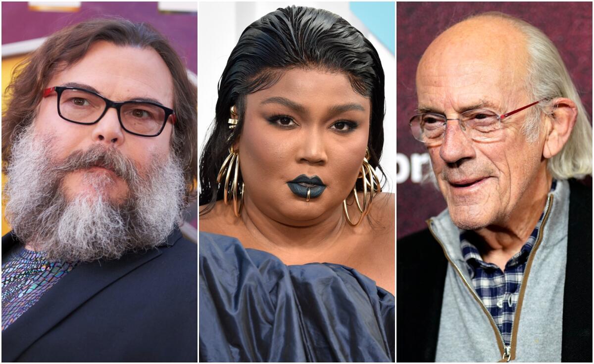 A split image of Jack Black in a blue suit, Lizzo in a blue dress and Christopher Lloyd in a gray sweater
