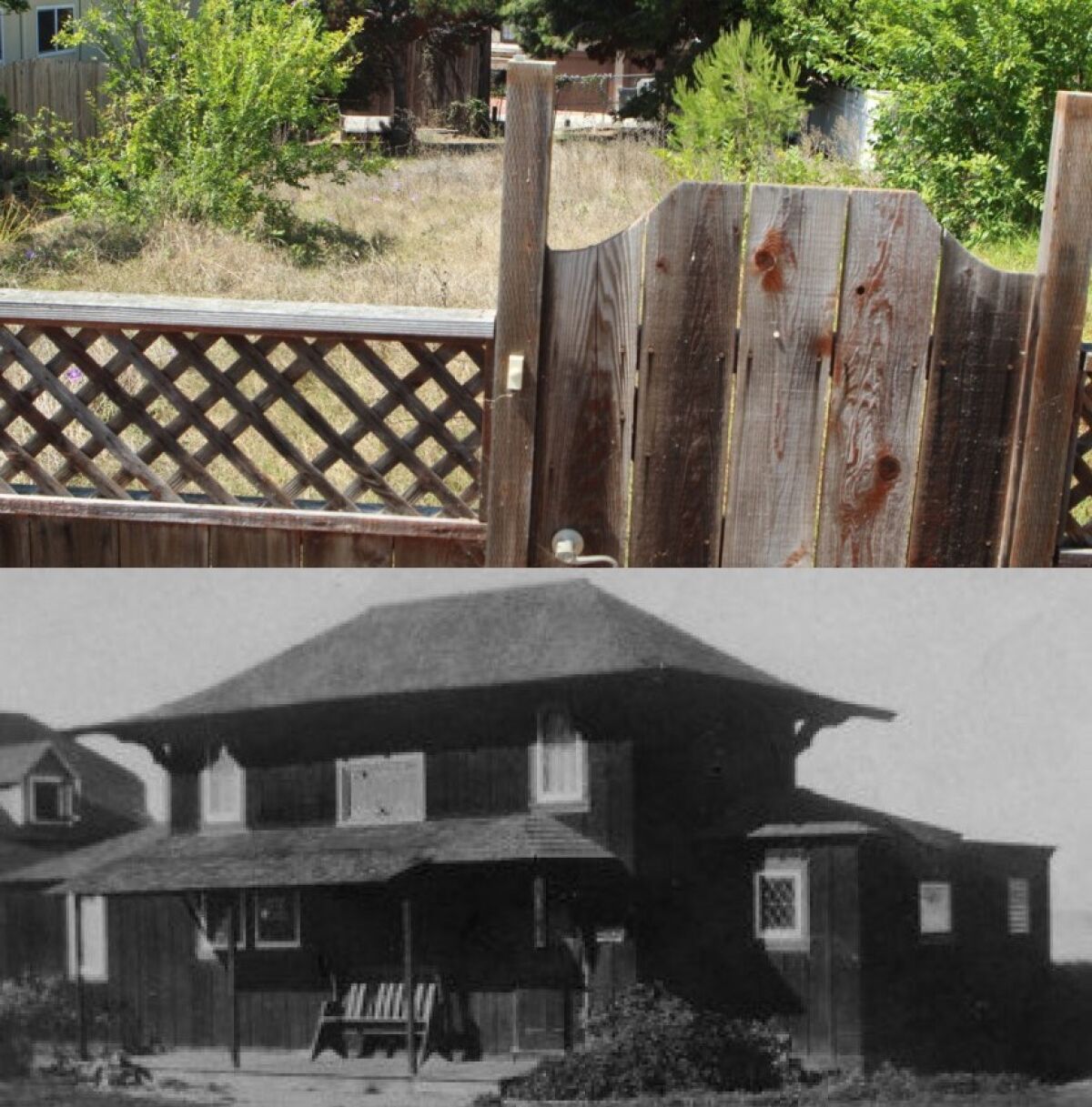 NOW (top): All that’s left of the first Irving Gill house in La Jolla, and possibly the first Craftsman home in California, is this vacant lot at 1328 Virginia Way. THEN (bottom): Windemere Cottage is photographed circa 1910, when it was located on Prospect Street.