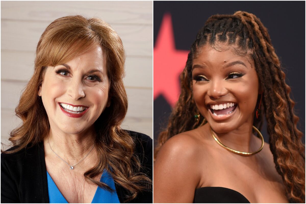 A split image of a woman smiling in a blue blouse and another woman smiling in a black dress