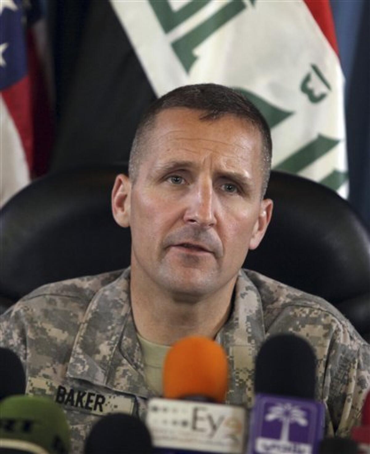 U.S. Army Brig.Gen. Ralph Baker speaks at a press conference in the Green Zone of Baghdad, Iraq, Wednesday, April 7, 2010. Gen. Baker told reporters that al-Qaida is responsible for the recent wave of violence. (AP Photo/Karim Kadim)
