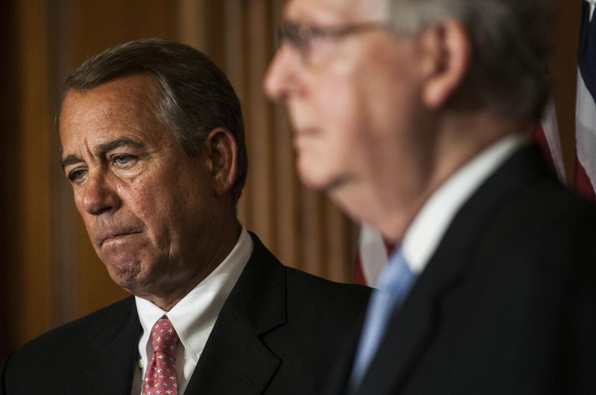 The abrupt resignation of House Speaker John A. Boehner, left, puts Senate Majority Leader Mitch McConnell in a newly vulnerable position.