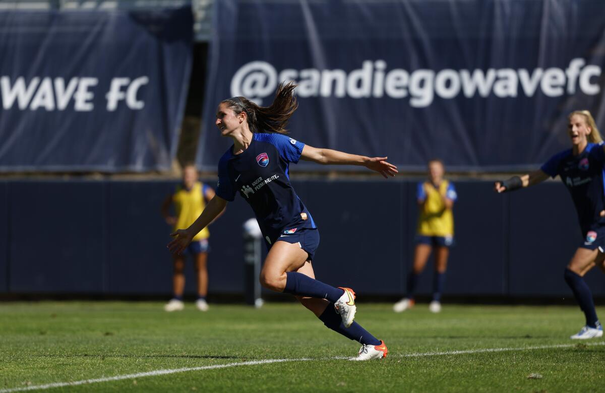 Kaleigh Riehl of the San Diego Wave FC celebrates the game-winning goal against the Chicago Red Stars on Sunday, May 15, 2022