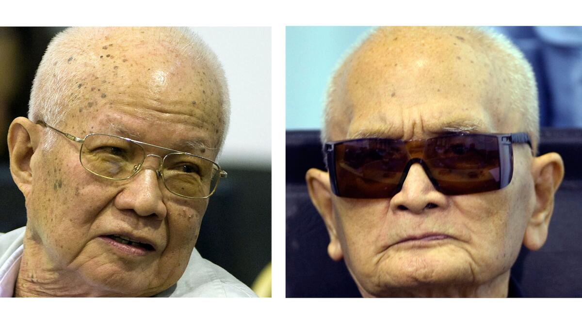 Former Khmer Rouge head of state Khieu Samphan, left, and Nuon Chea, who was the Khmer Rouge's chief ideologist and No. 2 leader, were both sentenced to life in prison in Cambodia for war crimes Thursday by a U.N.-backed tribunal.