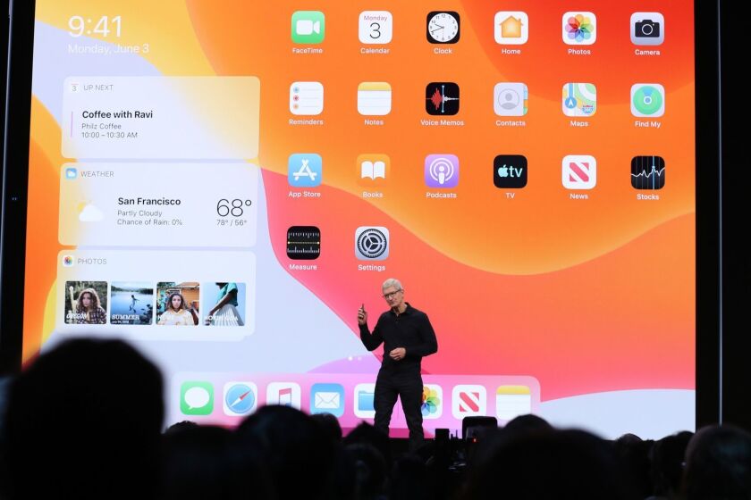 SAN JOSE, CALIFORNIA - JUNE 03: Apple CEO Tim Cook delivers the keynote address during the 2019 Apple Worldwide Developer Conference (WWDC) at the San Jose Convention Center on June 03, 2019 in San Jose, California. The WWDC runs through June 7. (Photo by Justin Sullivan/Getty Images) ** OUTS - ELSENT, FPG, CM - OUTS * NM, PH, VA if sourced by CT, LA or MoD **