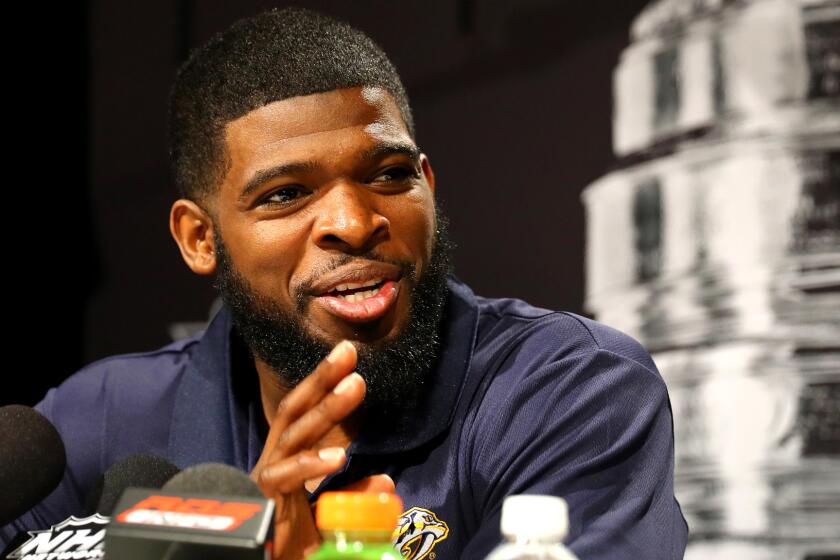 PITTSBURGH, PA - MAY 28: P.K. Subban #76 of the Nashville Predators answers questions during Media Day for the 2017 NHL Stanley Cup Final at PPG PAINTS Arena on May 28, 2017 in Pittsburgh, Pennsylvania. (Photo by Bruce Bennett/Getty Images) ** OUTS - ELSENT, FPG, CM - OUTS * NM, PH, VA if sourced by CT, LA or MoD **