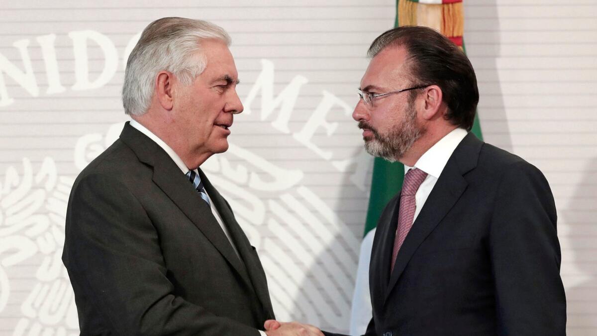 Secretary of State Rex Tillerson, left, shakes hands Feb. 23 with Mexican Foreign Secretary Luis Videgaray Caso at the Foreign Affairs Ministry in Mexico City.