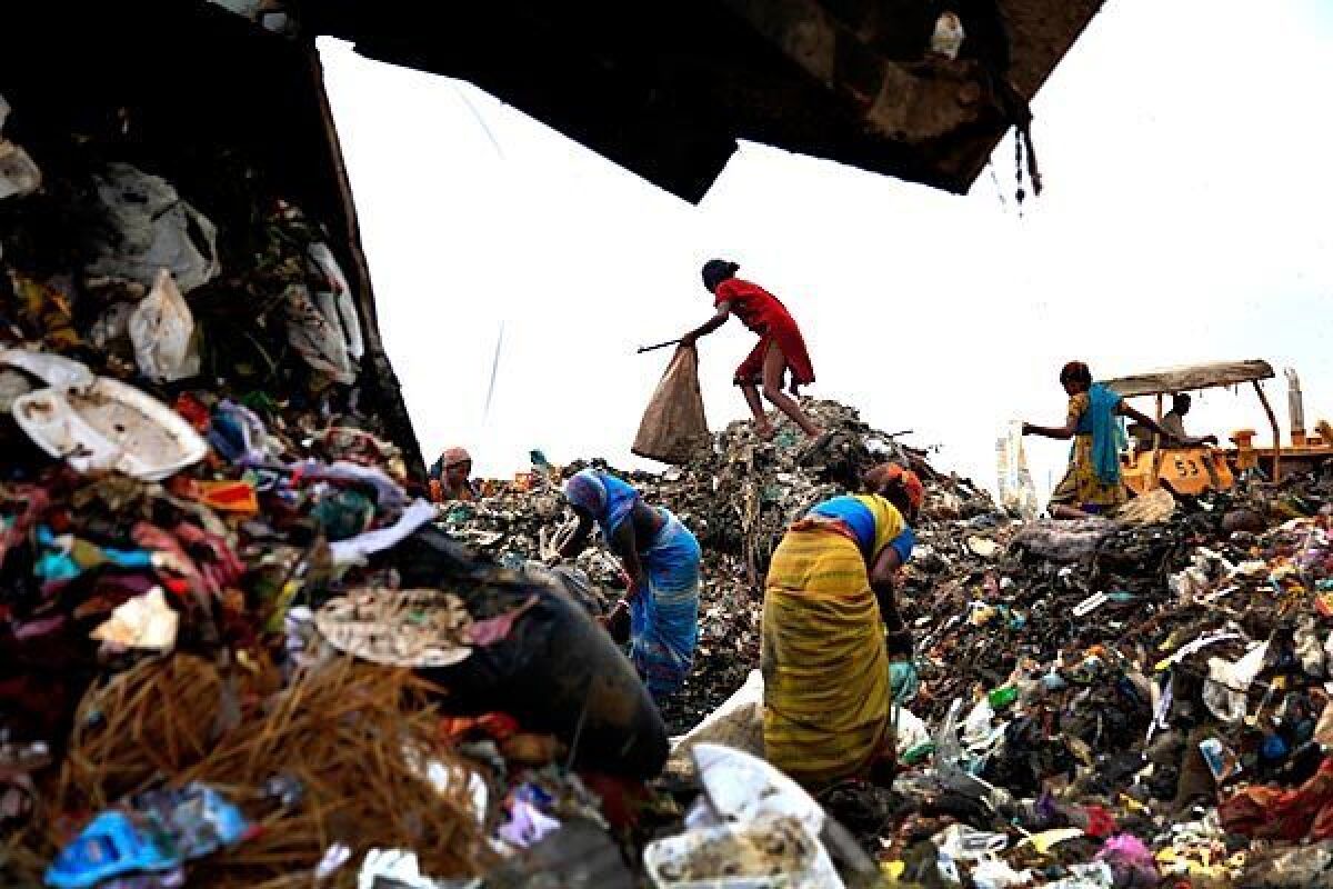 Rag pickers hunt through the 100-foot-high "trash mountain" at New Delhi's Ghazipur landfill.