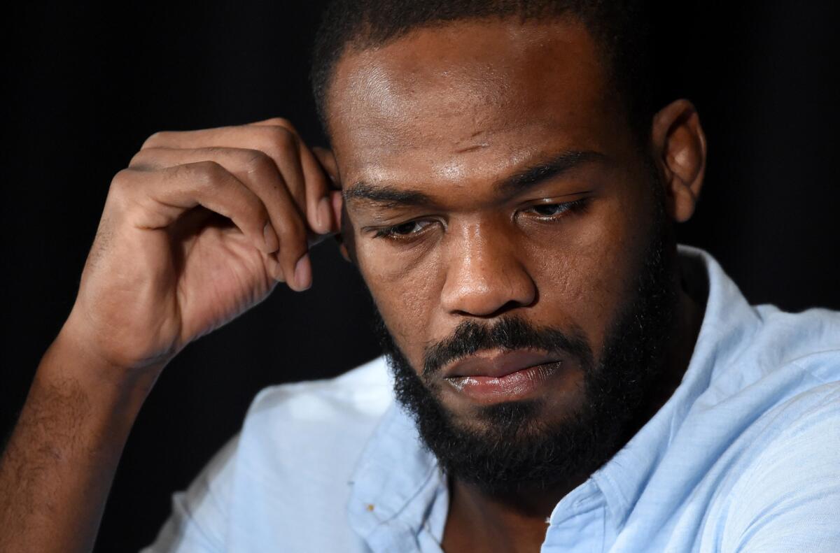 Jon Jones takes questions during a news conference on July 7 at the MGM Grand Hotel to address being pulled from his light-heavyweight title fight in UFC 200.