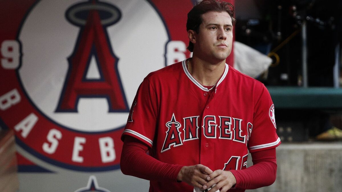Angels starting pitcher Tyler Skaggs posted a record of 8-10 and an ERA of 4.02 in 24 starts last season.