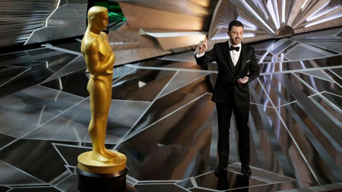 Jimmy Kimmel speaks onstage during the telecast of the 90th Academy Awards on Sunday at the Dolby Theatre in Hollywood.