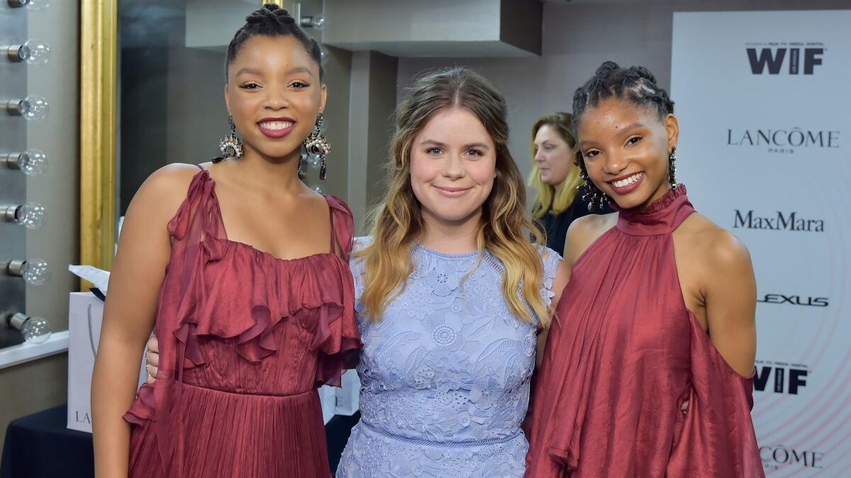 Chloe Bailey of Chloe X Halle, left, Jessie Ennis and Halle Bailey of Chloe X Halle at Women In Film's Crystal + Lucy Awards on Wednesday night at the Beverly Hilton Hotel in Beverly Hills.