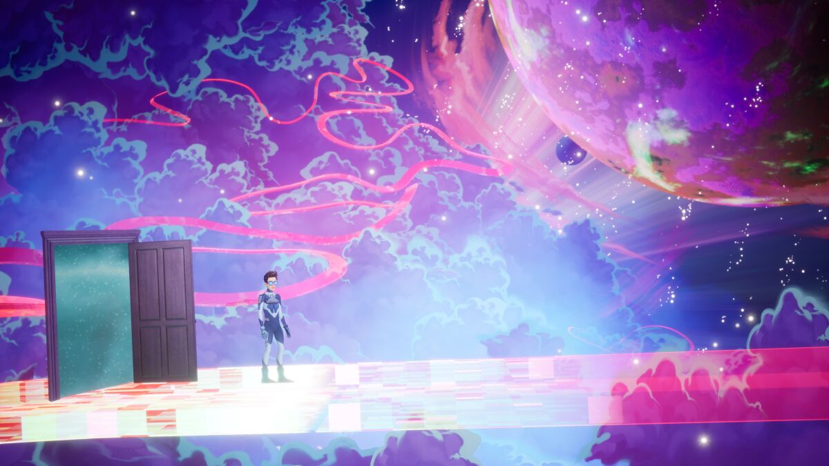 Illustration of a doorway, a person and planets in the video game "The Artful Escape"