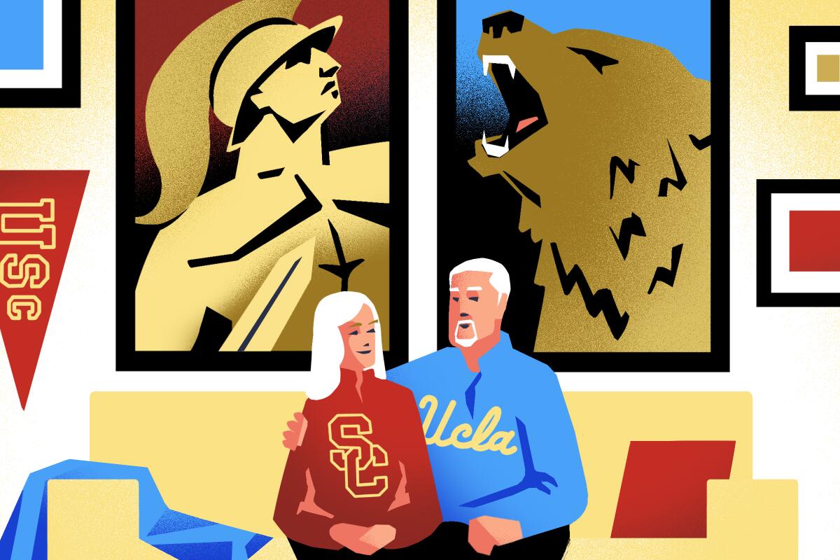 Illustration of a couple, both with white hair. Woman in a USC sweater, man in UCLA sit on a couch under Trojan and Bruin art