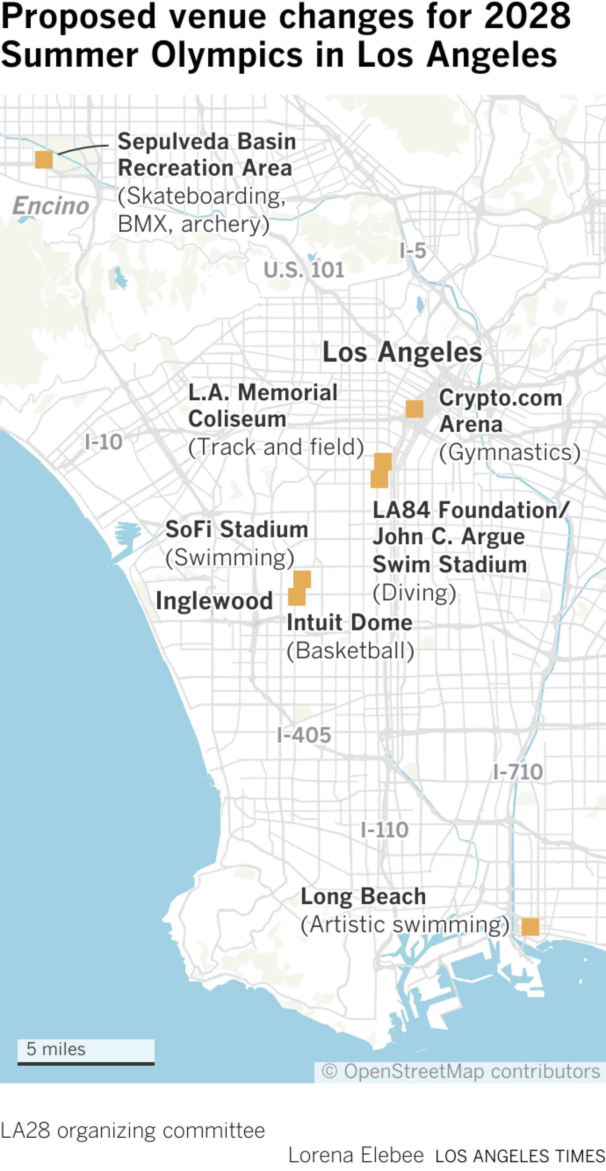 Map showing proposed venue changes for 2028 Summer Olympics in Los Angeles