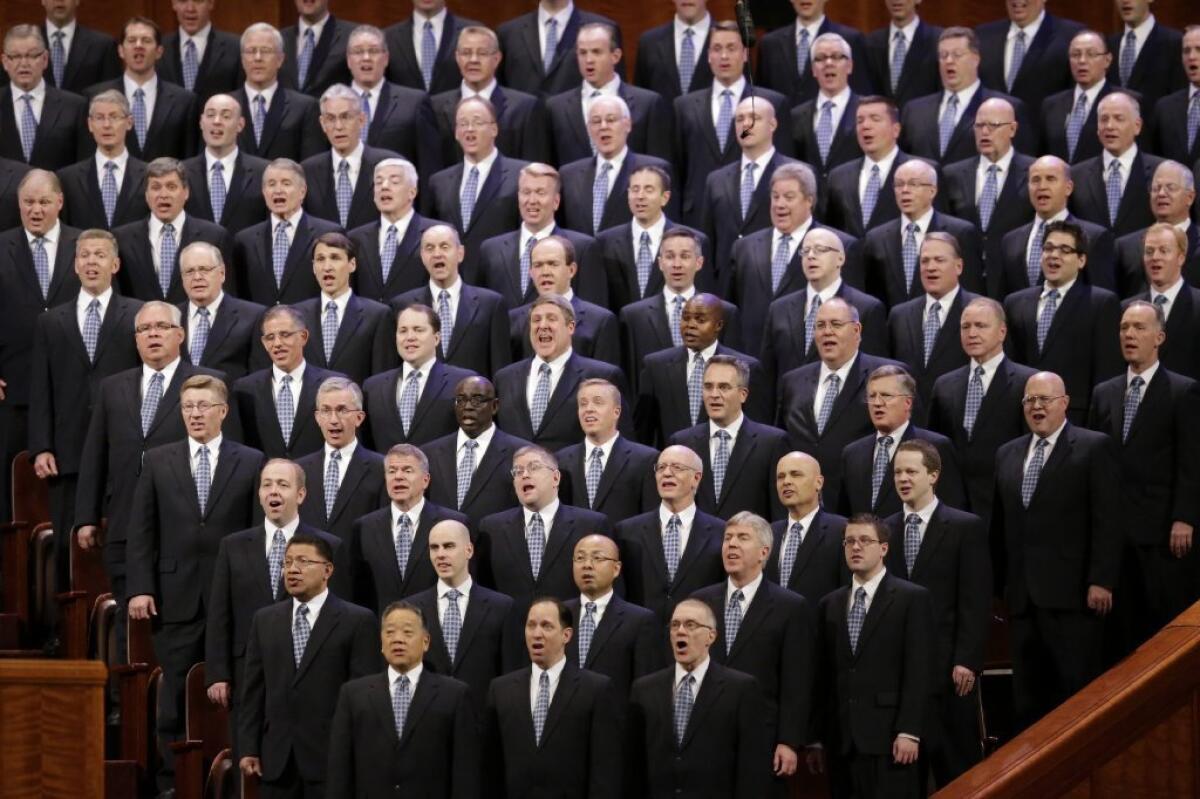 Members of the Mormon Tabernacle Choir sing during the Church of Jesus Christ of Latter-day Saints' semiannual General Conference in Salt Lake City.
