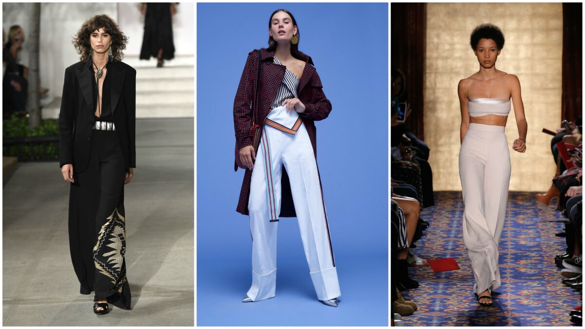 Generous, flare-legged trouser offerings from Ralph Lauren, left, Diane von Furstenberg and Brandon Maxwell.